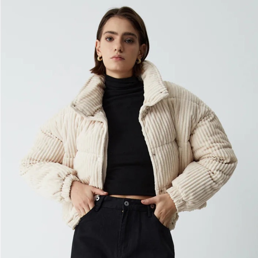 Corduroy Open Collar Puffer Coat